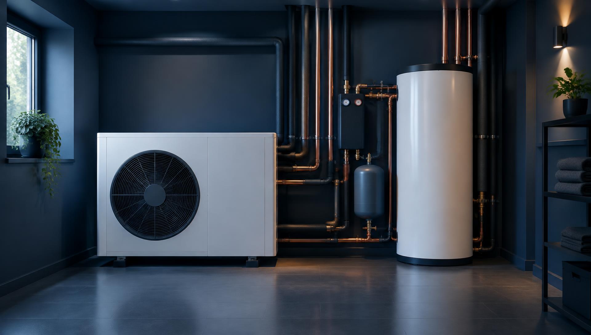 Moderner Heizungsraum mit Wärmepumpe und Speicher